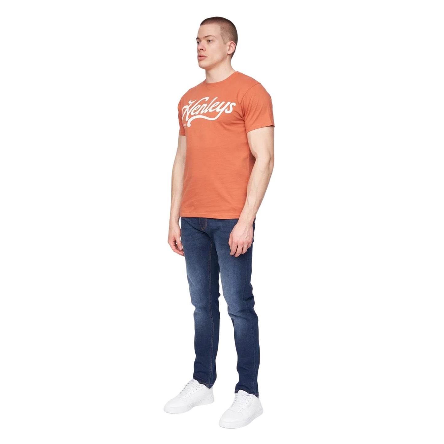 Brick Red - Side - Henleys Mens Scripthen Logo T-Shirt