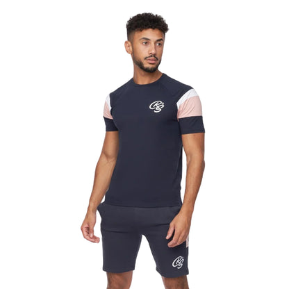 Navy-Pink - Front - Crosshatch Mens Cremland T-Shirt & Shorts Set