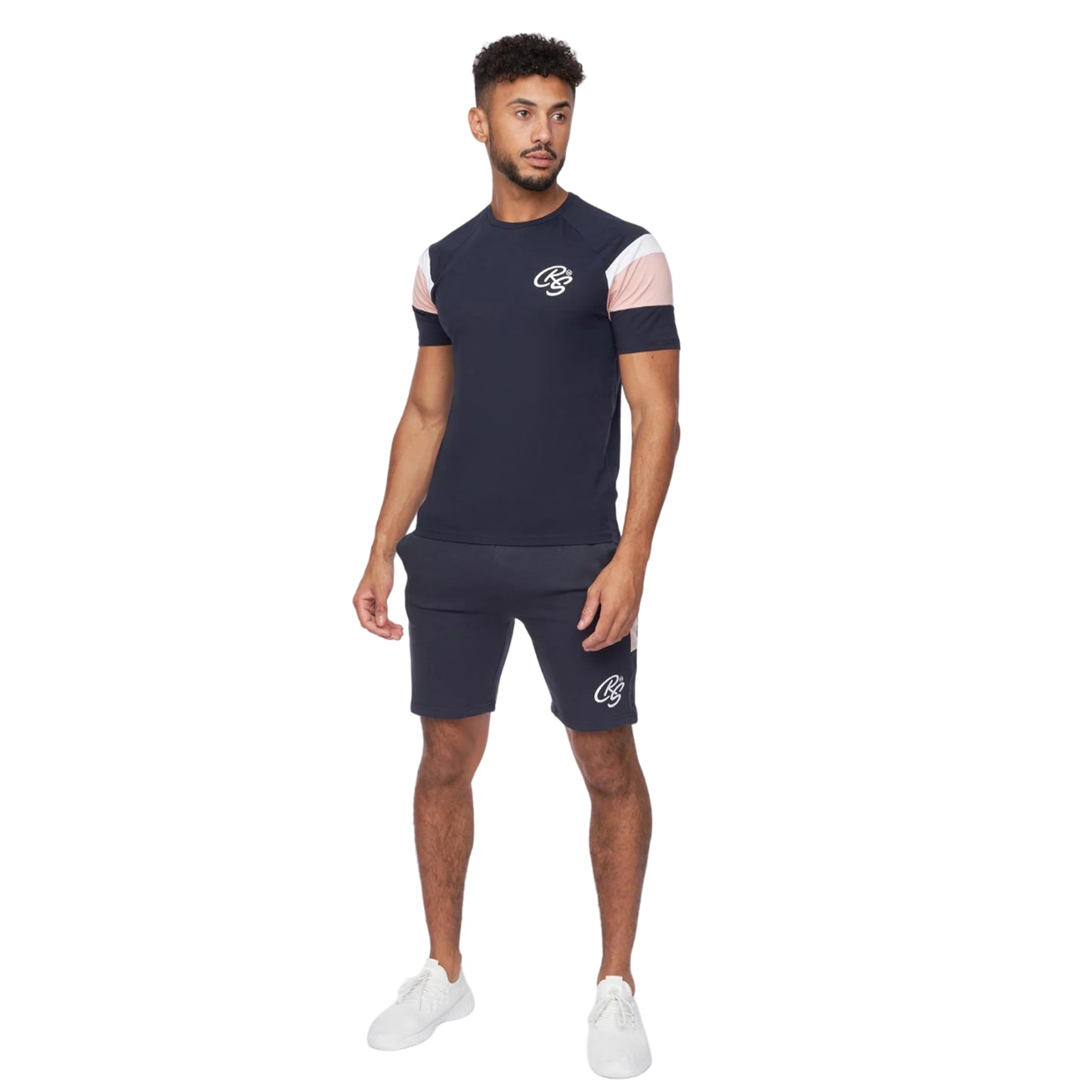 Navy-Pink - Side - Crosshatch Mens Cremland T-Shirt & Shorts Set