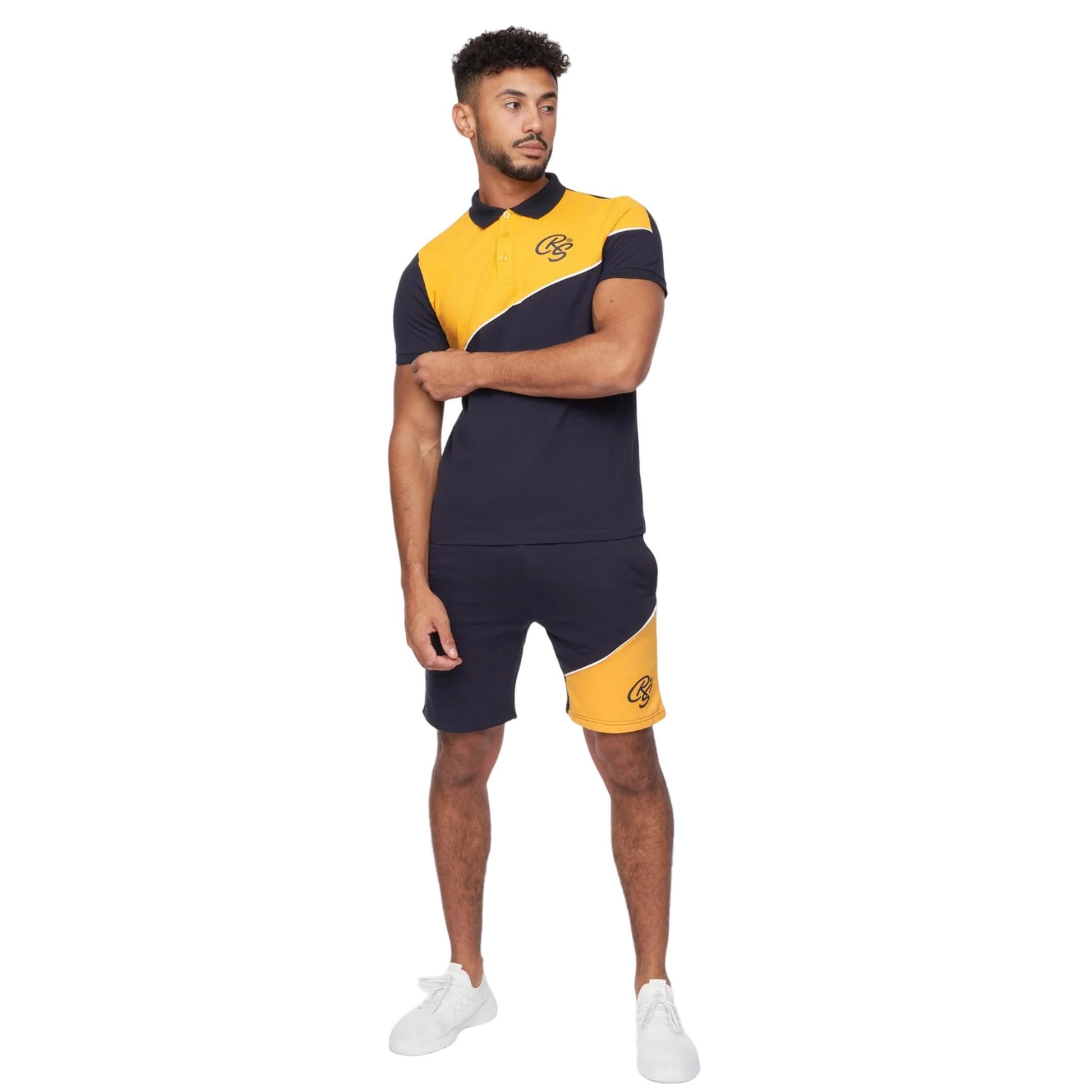 Navy-Yellow - Lifestyle - Crosshatch Mens Ventamoore Polo and Shorts Set