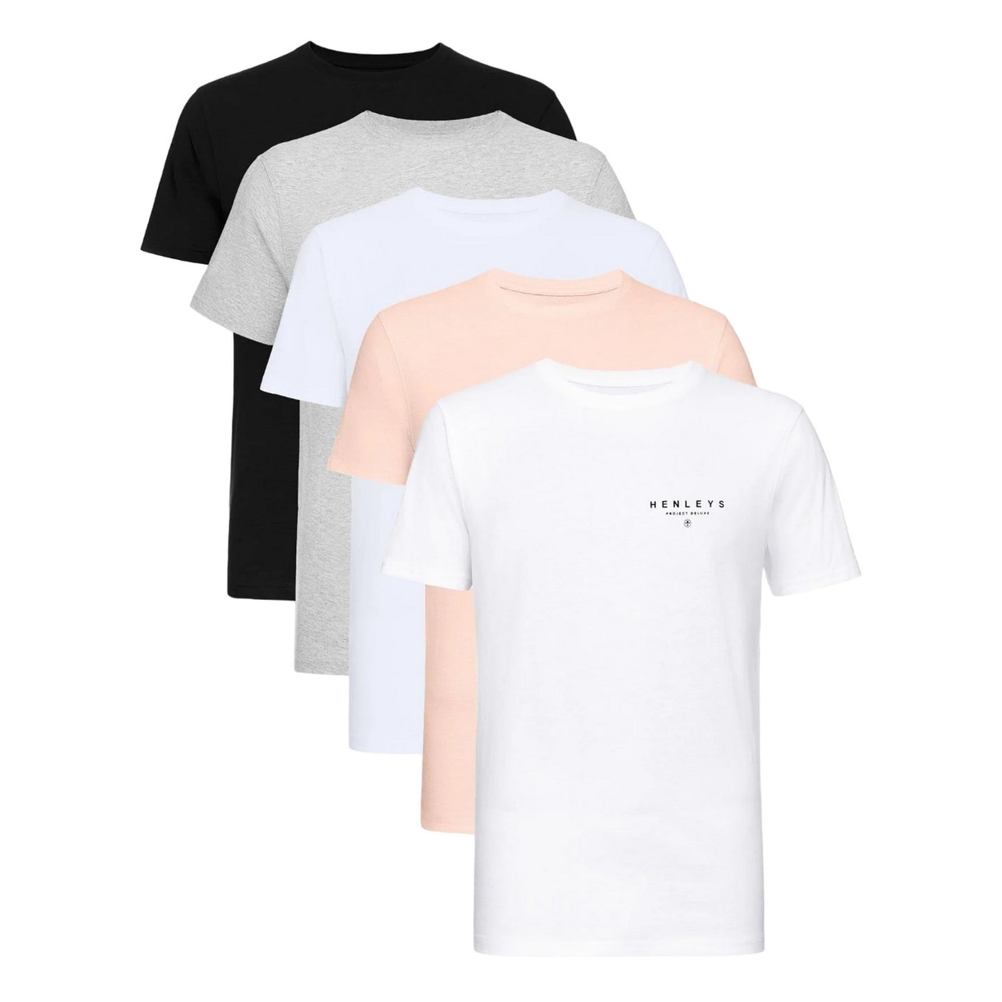 Black-White-Off White-Grey-Baby Pink - Front - Henleys Mens Hencinq B T-Shirt (Pack of 5)