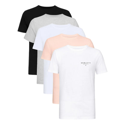 Black-White-Off White-Grey-Baby Pink - Front - Henleys Mens Hencinq B T-Shirt (Pack of 5)