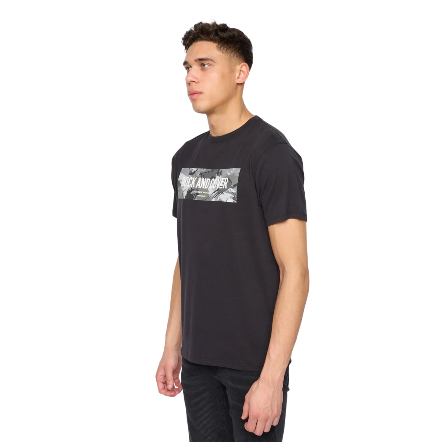 Black - Side - Duck and Cover Mens Wayfirth T-Shirt