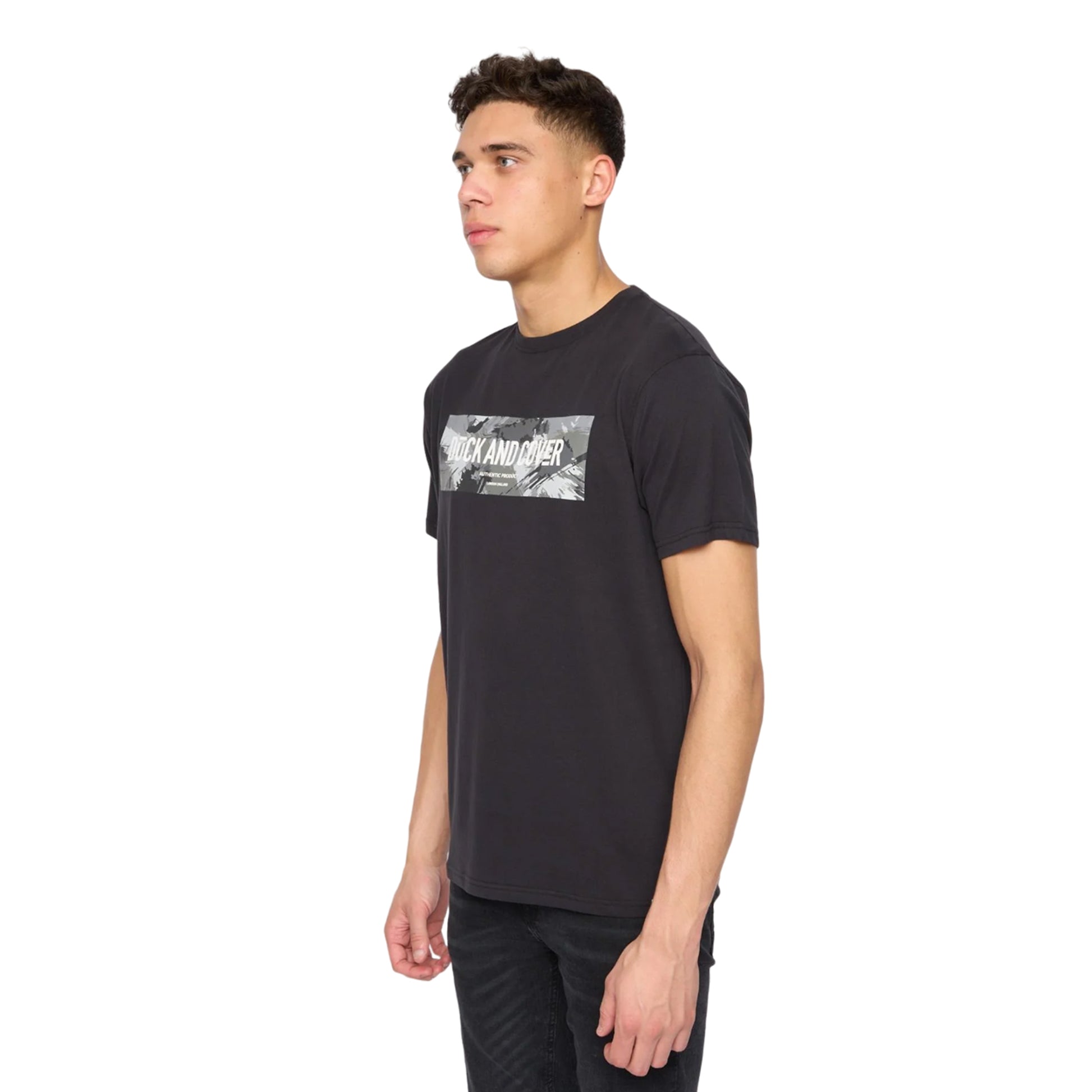 Black - Side - Duck and Cover Mens Wayfirth T-Shirt