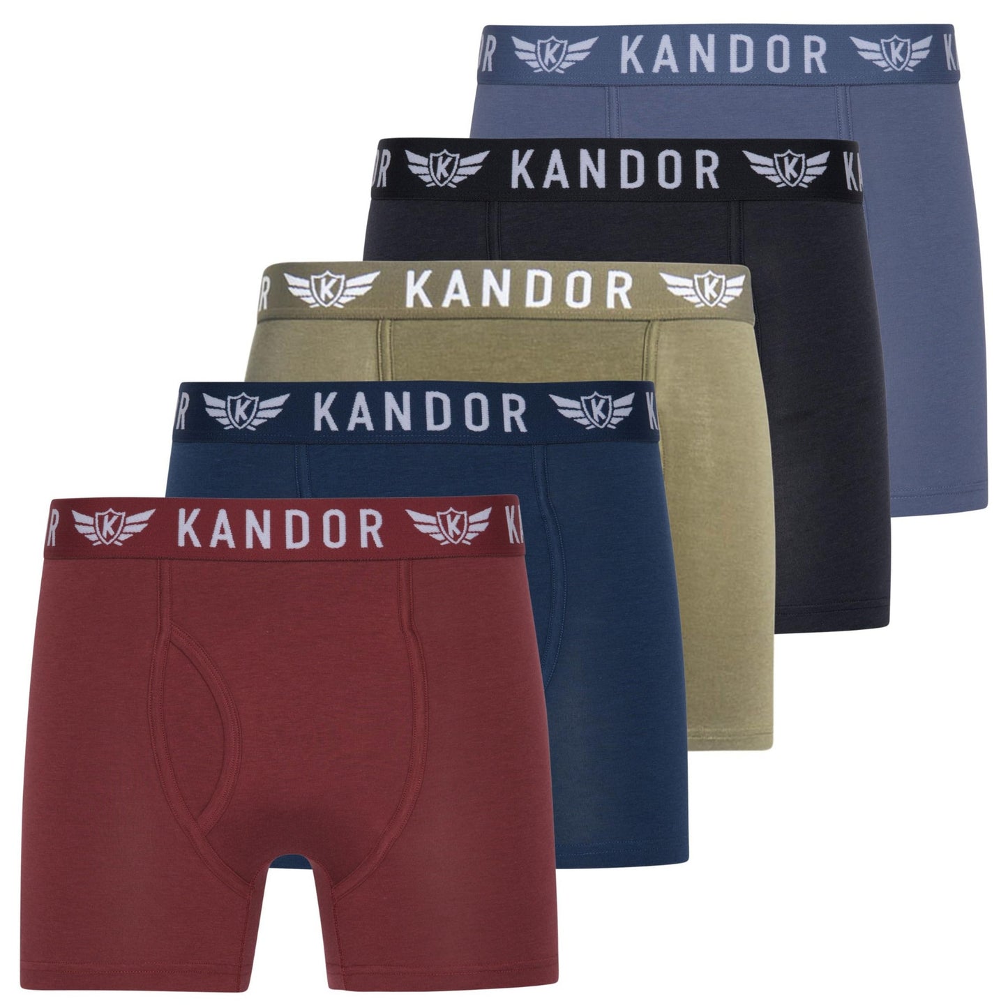 Red-Navy-Olive-Black-Blue - Front - Kandor Mens Quinfly Boxer Shorts (Pack of 5)