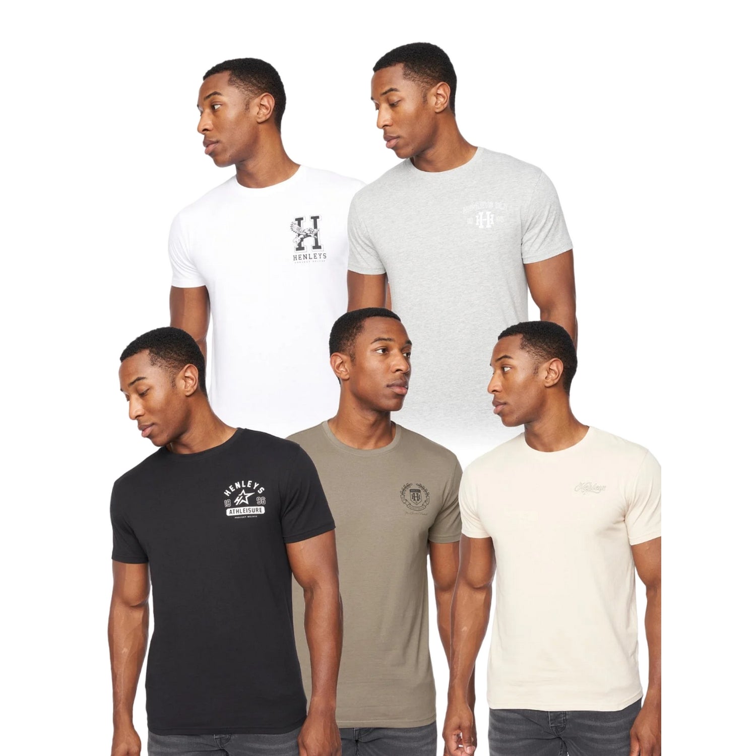 Multicoloured - Front - Henleys Mens Bayard T-Shirt (Pack of 5)