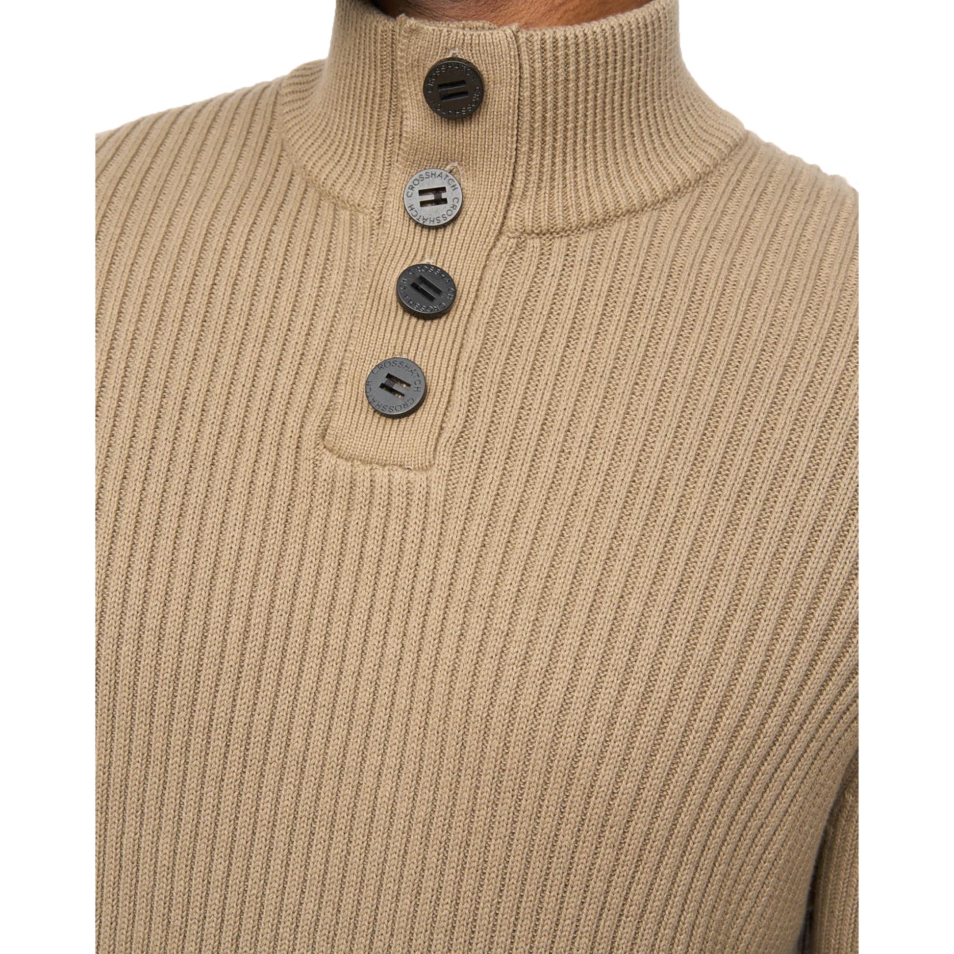 Taupe - Side - Crosshatch Mens Wellburys Chunky Knit Jumper