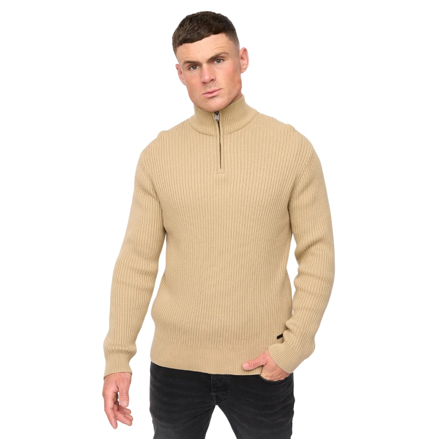 Stone - Front - Crosshatch Mens Havaline Knitted Quarter Zip Pullover