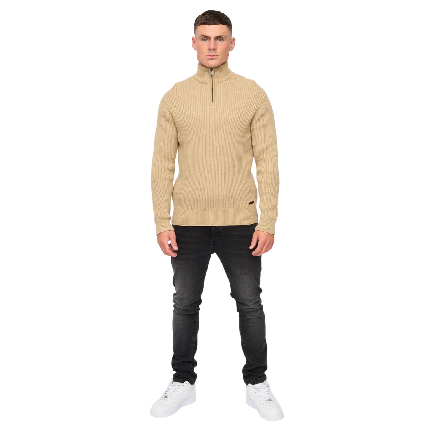 Stone - Pack Shot - Crosshatch Mens Havaline Knitted Quarter Zip Pullover