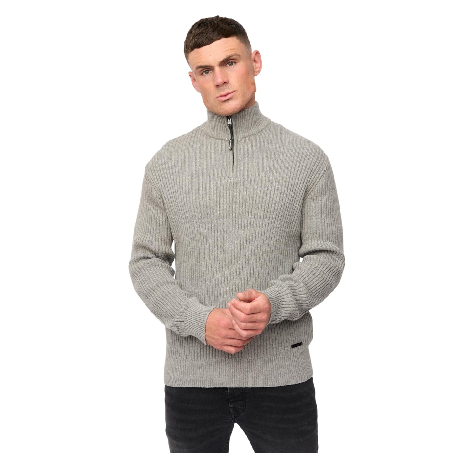 Grey Marl - Front - Crosshatch Mens Havaline Knitted Quarter Zip Pullover