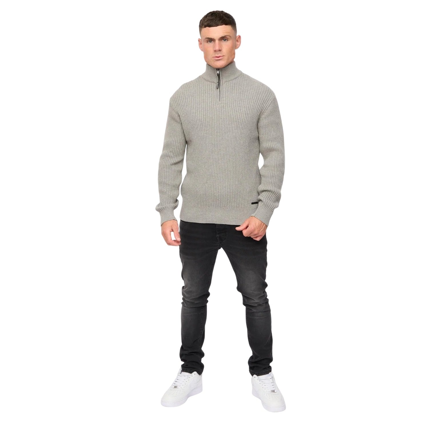 Grey Marl - Pack Shot - Crosshatch Mens Havaline Knitted Quarter Zip Pullover