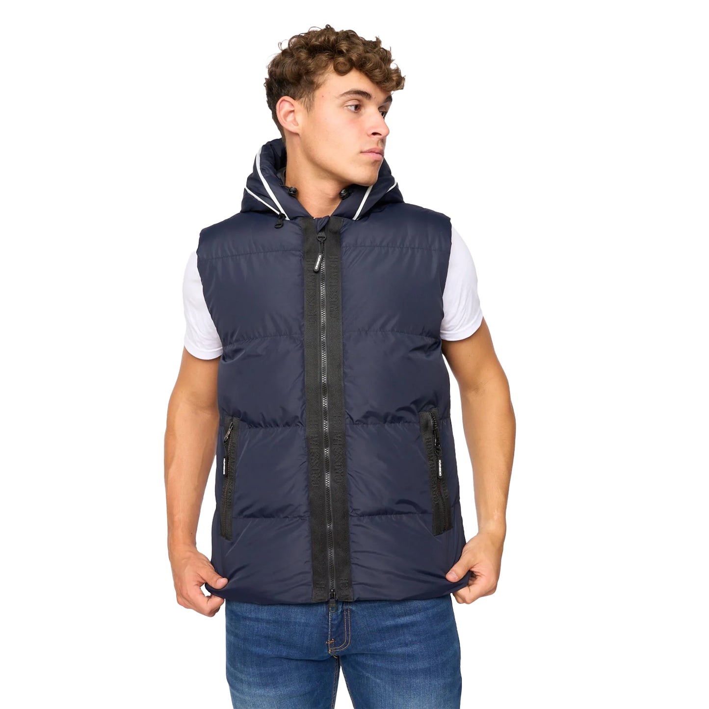 Navy - Front - Crosshatch Mens Sandbox Hooded Gilet