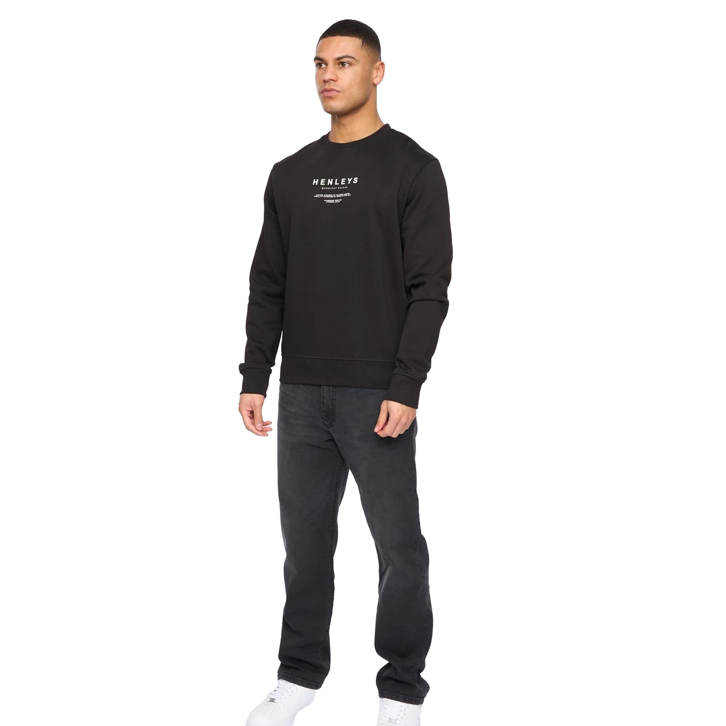 Black - Side - Henleys Mens Henstack Crew Neck Sweatshirt