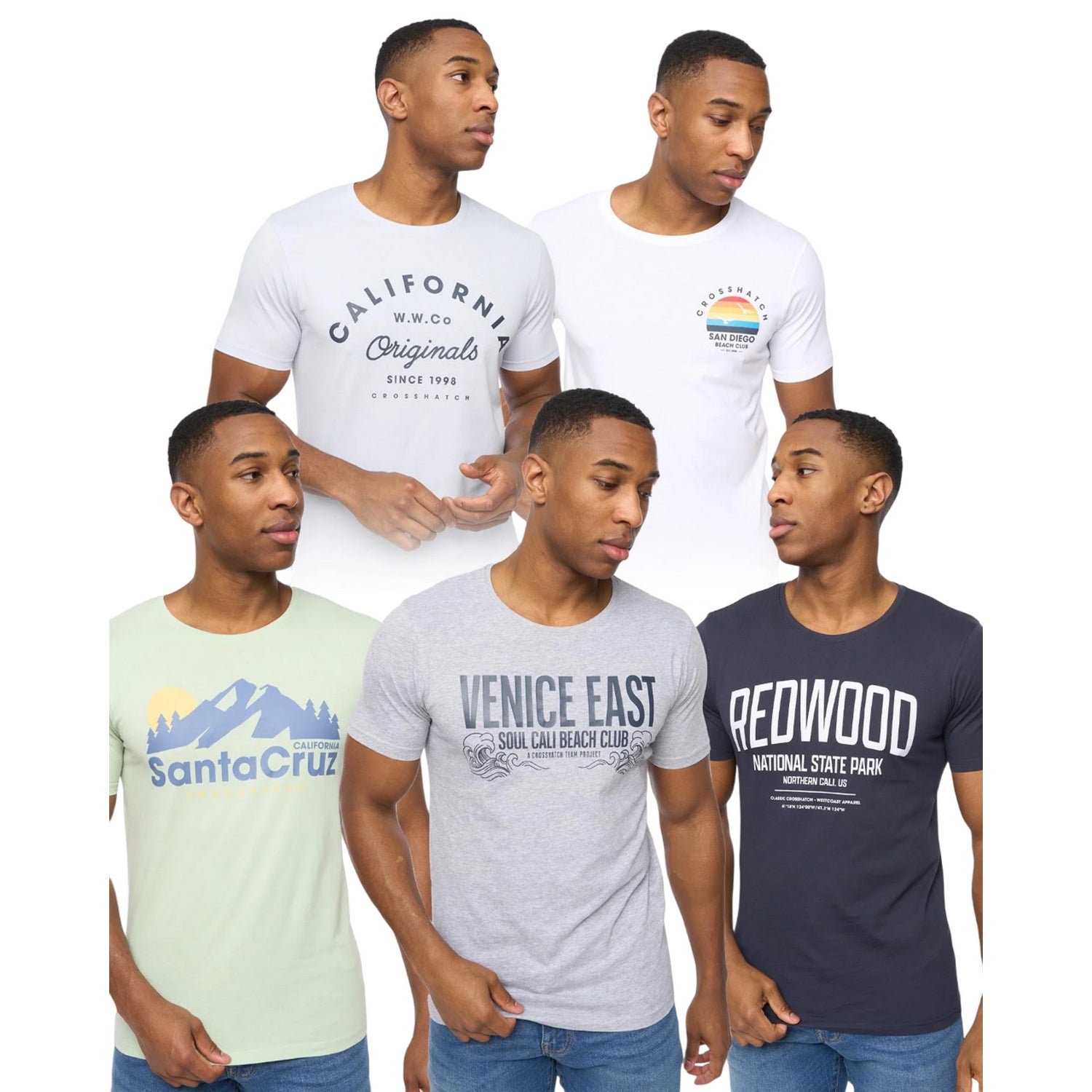 Multicoloured - Front - Crosshatch Mens Sumertons Assorted Designs T-Shirt (Pack of 5)