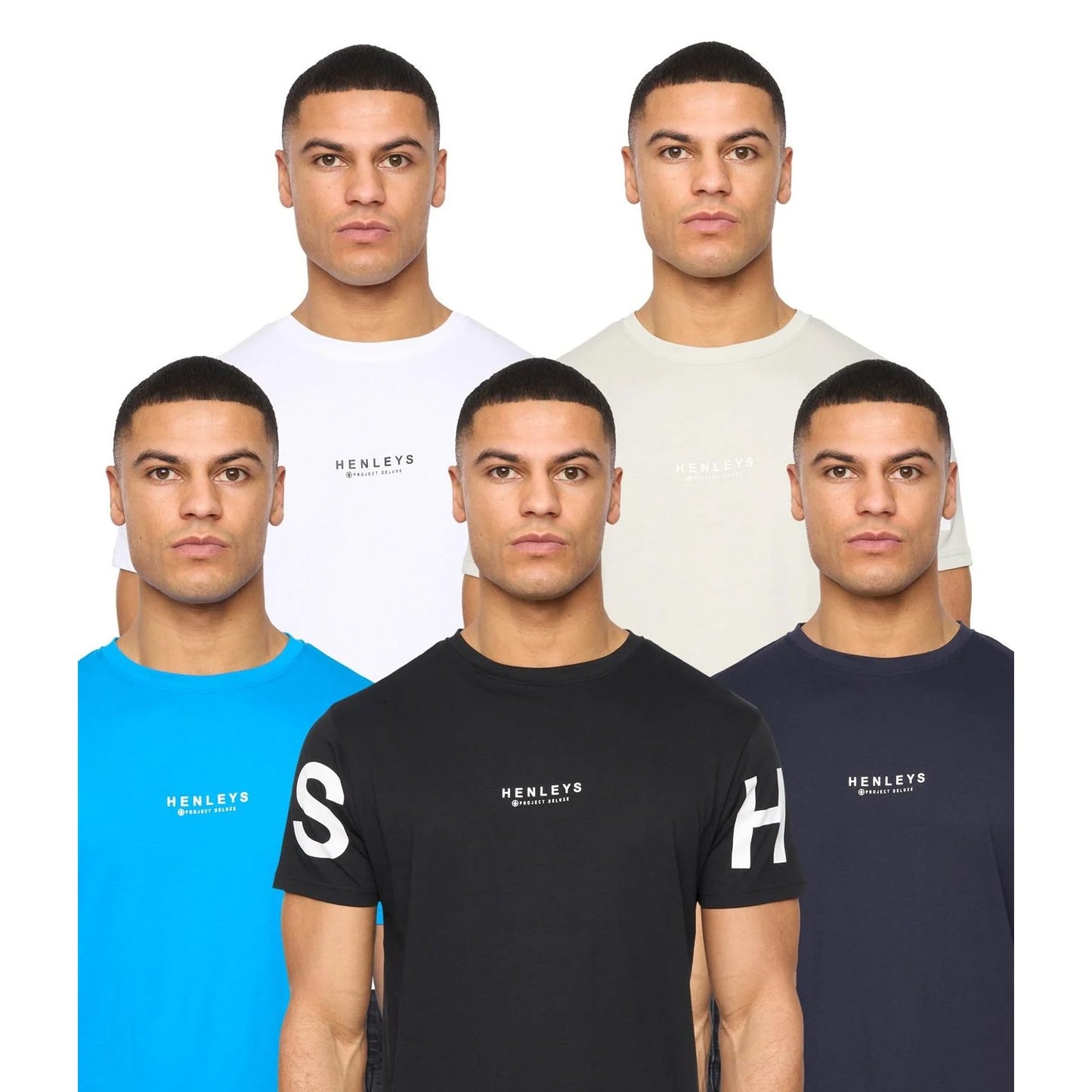 Black-White-Light Beige-Blue-Navy - Front - Henleys Mens Hensleeve T-Shirt (Pack of 5)