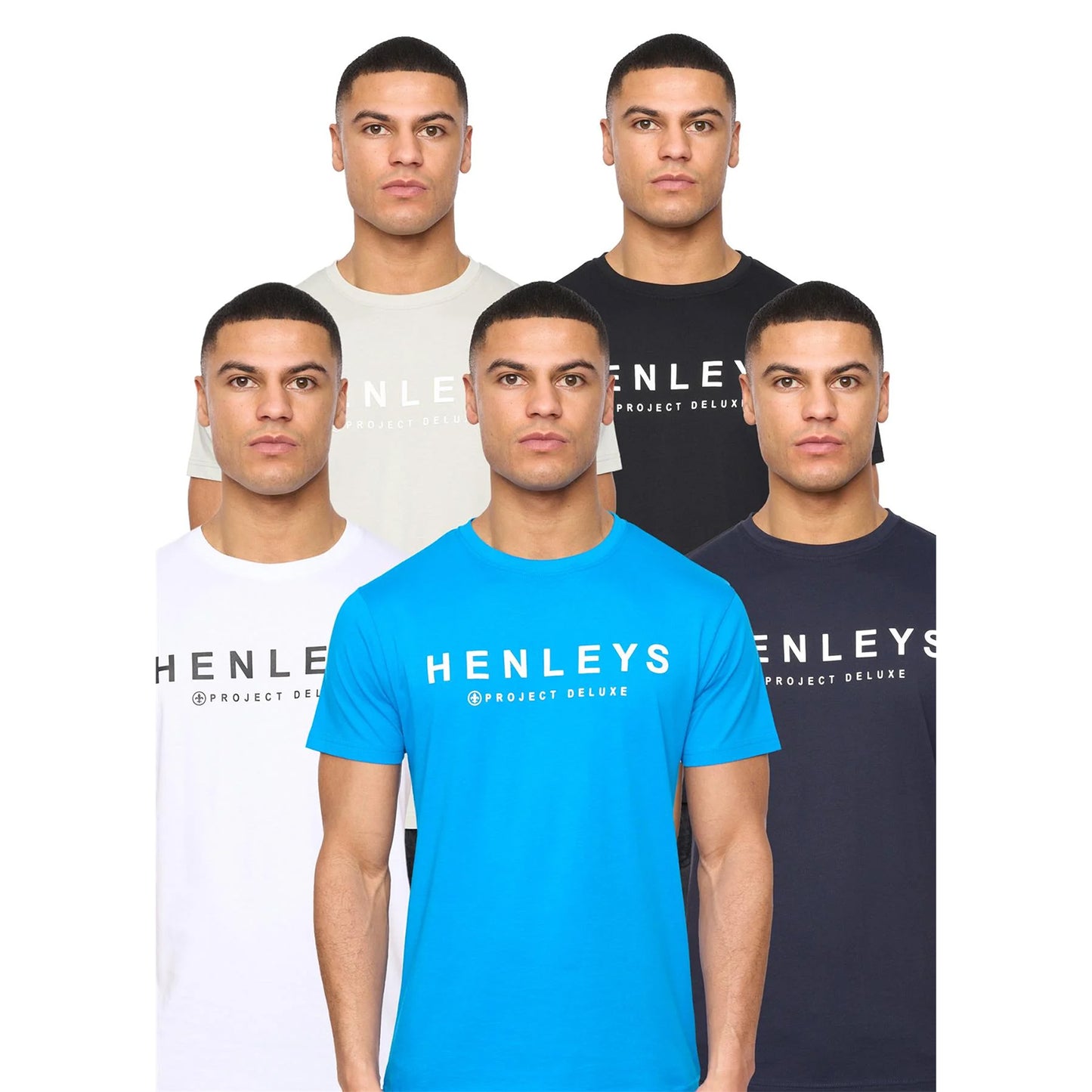 Black-Blue-White-Light Beige-Dark Blue - Front - Henleys Mens Henyfront T-Shirt (Pack of 5)