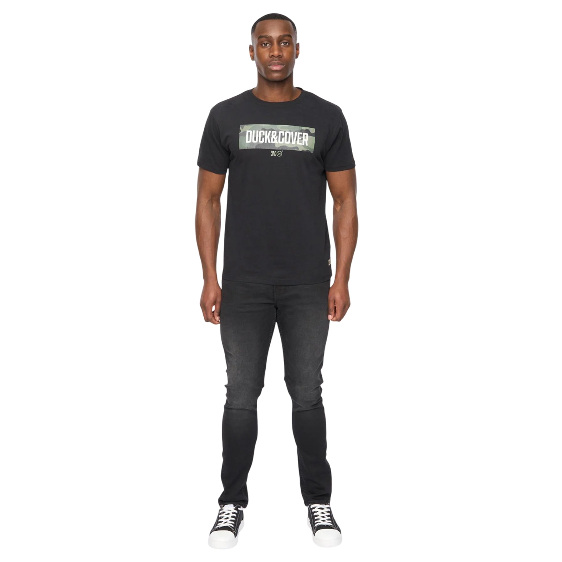 Black - Side - Duck and Cover Mens Camotrax T-Shirt