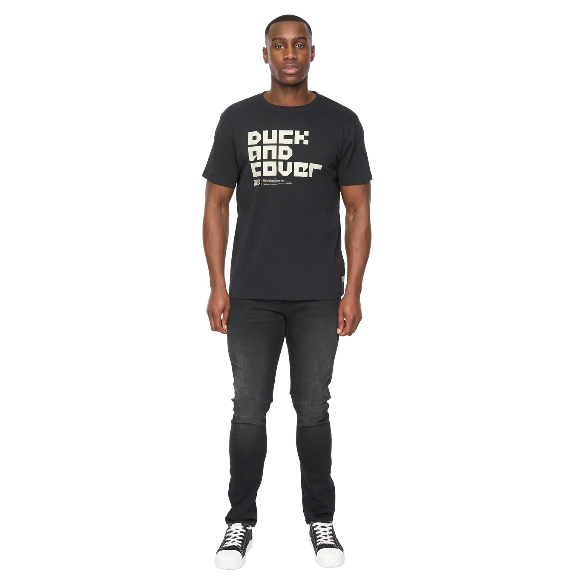 Black - Side - Duck and Cover Mens Bloxx T-Shirt