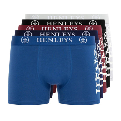 Blue-Black-Maroon-Grey-Navy - Front - Henleys Mens Kelmack2 Boxer Shorts (Pack of 5)