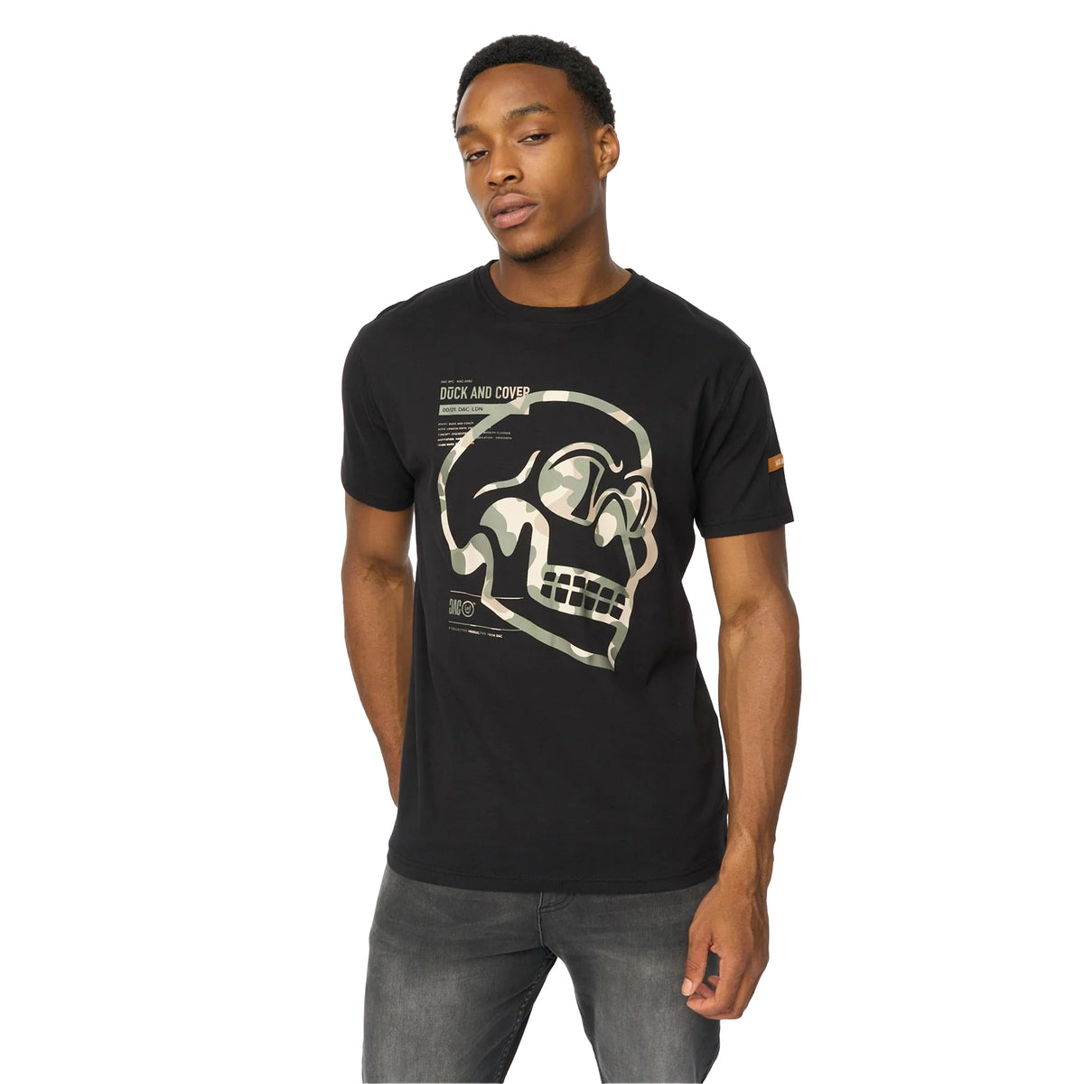 Black - Side - Duck and Cover Mens Skullmatic T-Shirt