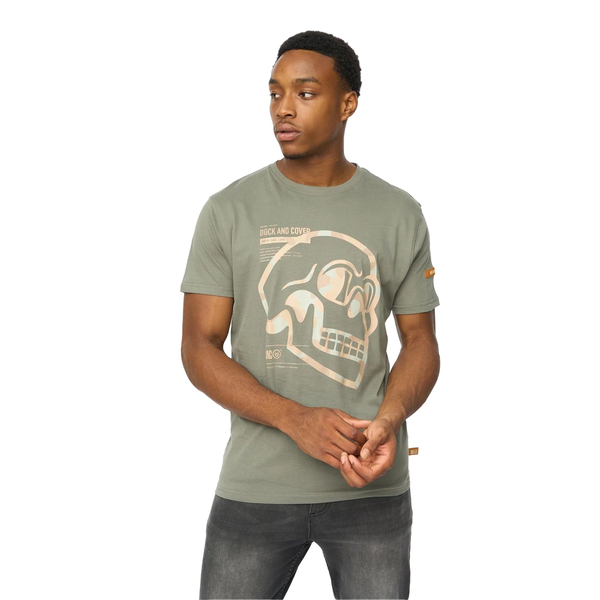 Dark Olive - Side - Duck and Cover Mens Skullmatic T-Shirt