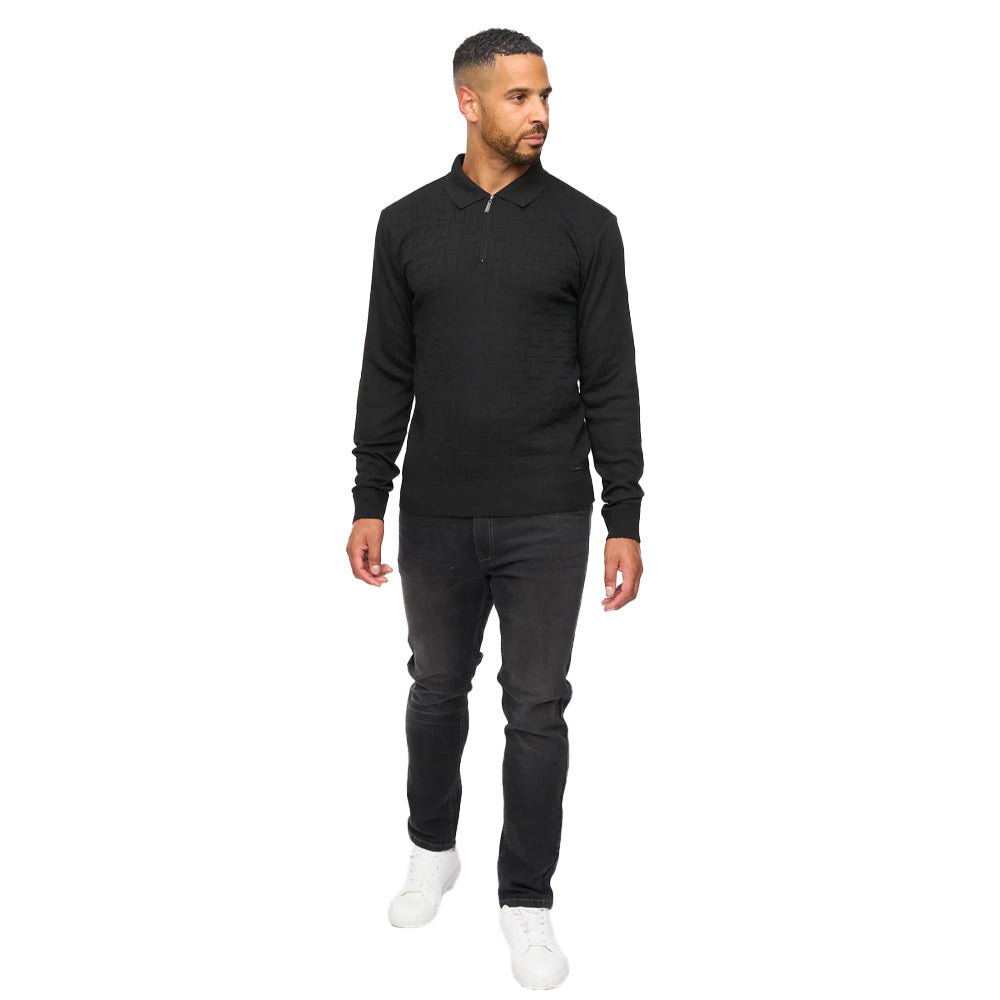 Black - Side - Bewley & Ritch Mens Aldrich Knitted Quarter Zip Long-Sleeved Polo Shirt