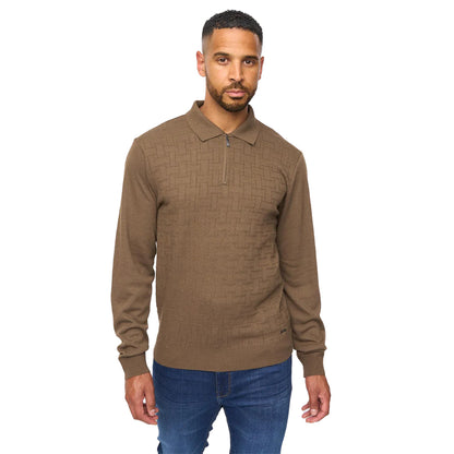 Dark Taupe - Front - Bewley & Ritch Mens Aldrich Knitted Quarter Zip Long-Sleeved Polo Shirt