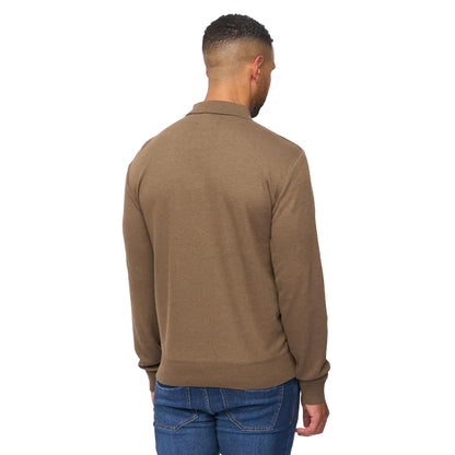 Dark Taupe - Back - Bewley & Ritch Mens Aldrich Knitted Quarter Zip Long-Sleeved Polo Shirt