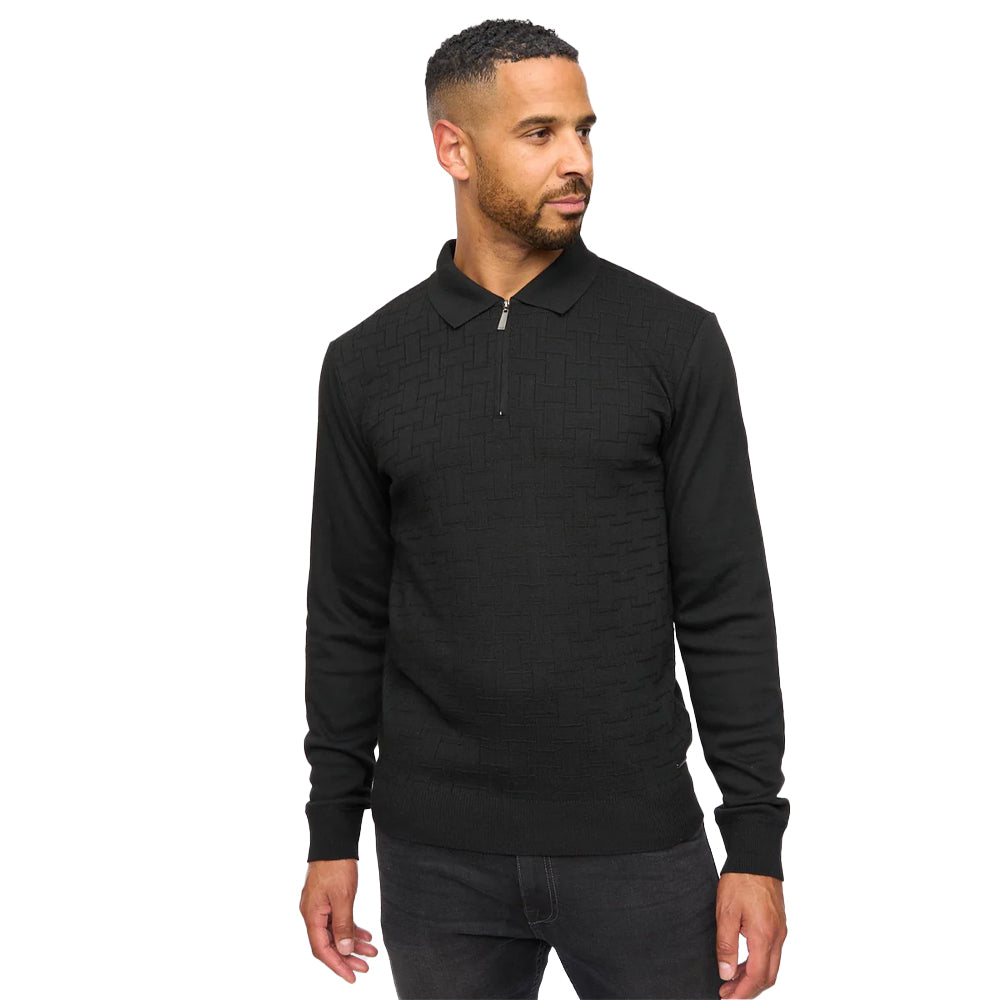 Black - Front - Bewley & Ritch Mens Aldrich Knitted Quarter Zip Long-Sleeved Polo Shirt