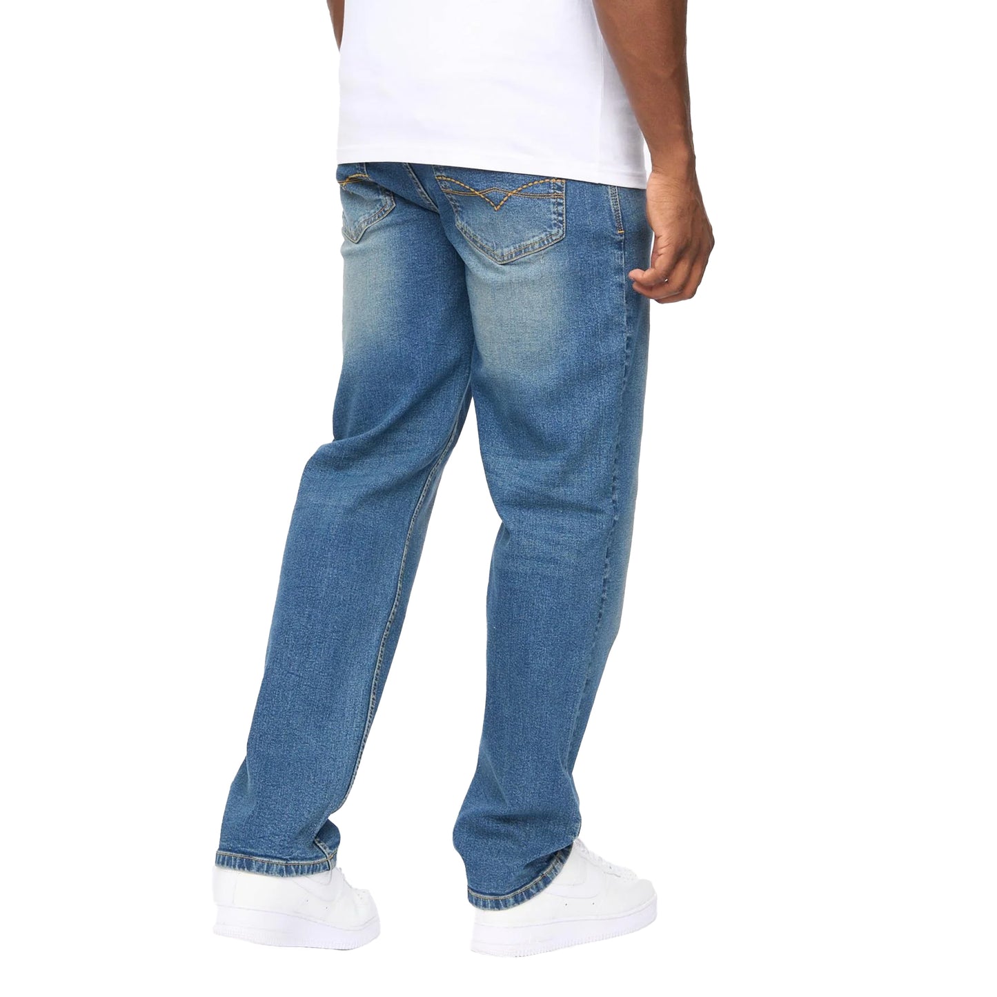 Mid Wash - Back - Crosshatch Mens Detendu Relaxed Fit Jeans