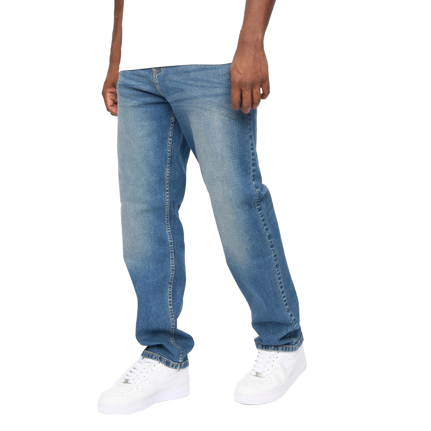 Mid Wash - Side - Crosshatch Mens Detendu Relaxed Fit Jeans