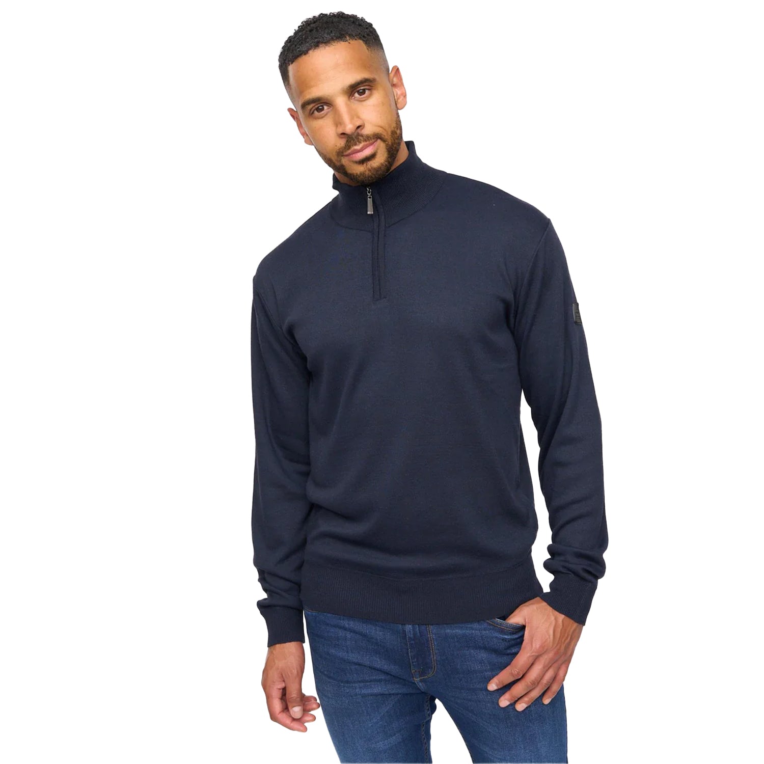 Navy - Side - Bewley & Ritch Mens Delloway Funnel Neck Jumper