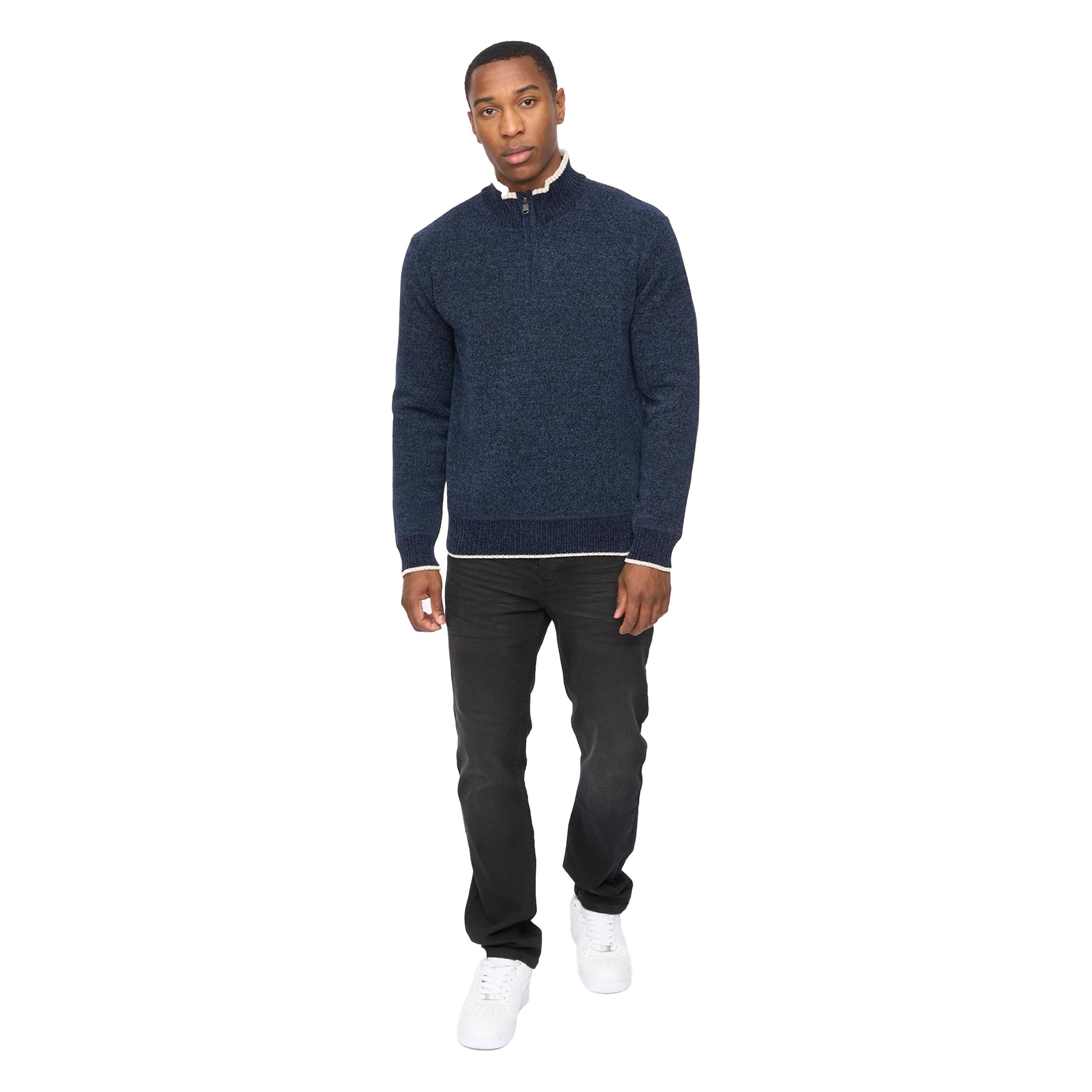 Navy - Side - Crosshatch Mens Coldwell Chenille Quarter Zip Jumper