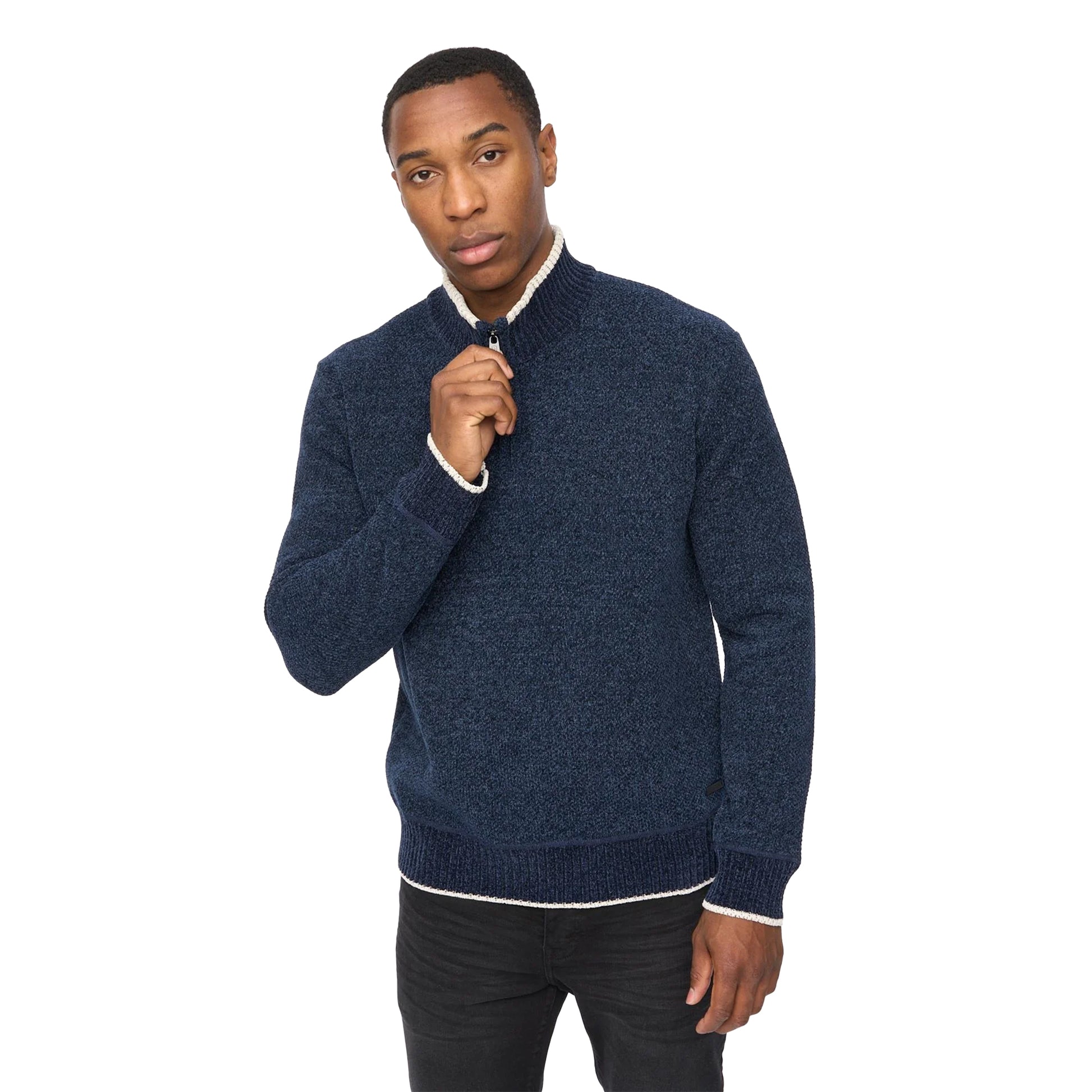 Navy - Front - Crosshatch Mens Coldwell Chenille Quarter Zip Jumper