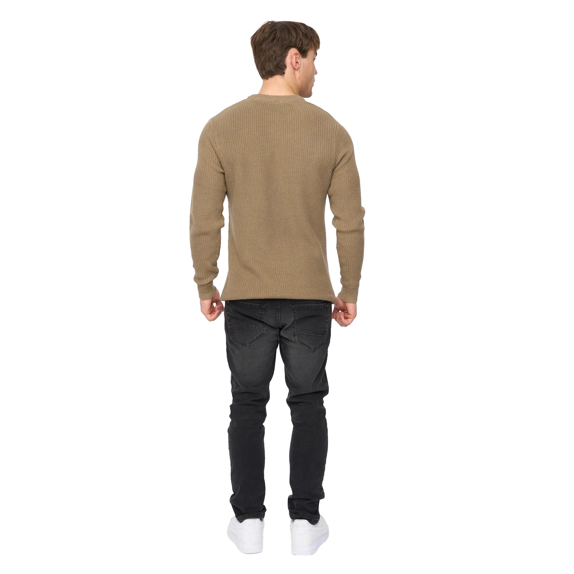 Taupe - Back - Crosshatch Mens Jampster Knitted Crew Neck Sweatshirt