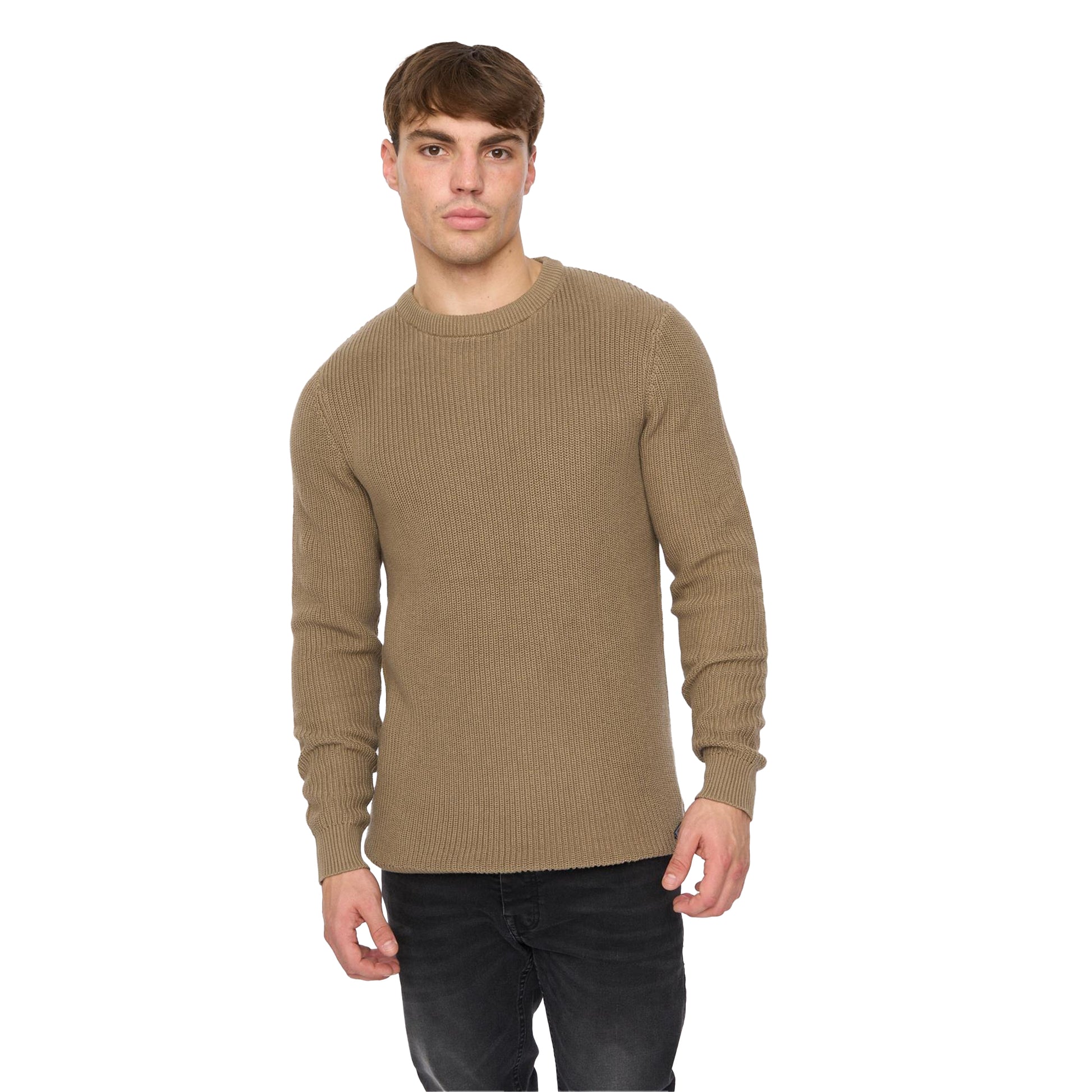 Taupe - Side - Crosshatch Mens Jampster Knitted Crew Neck Sweatshirt