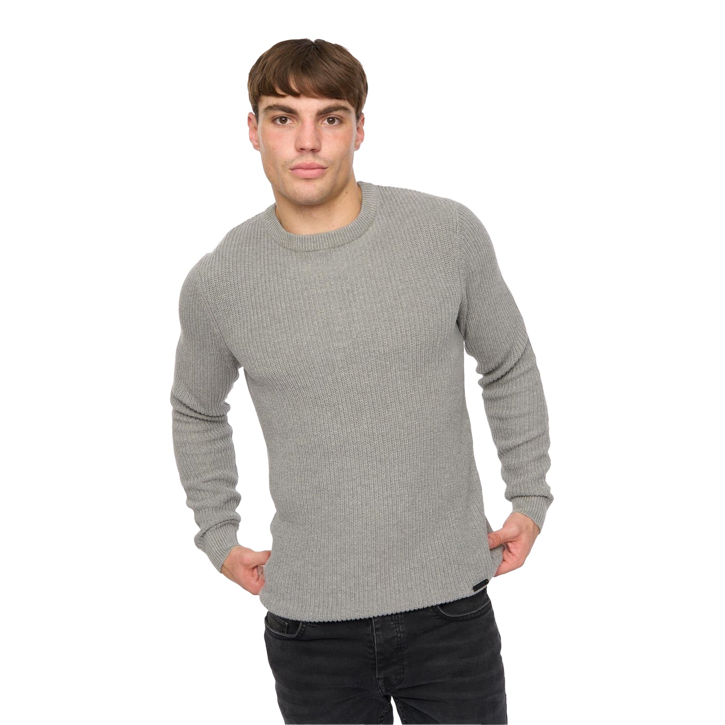 Grey - Back - Crosshatch Mens Jampster Knitted Crew Neck Sweatshirt