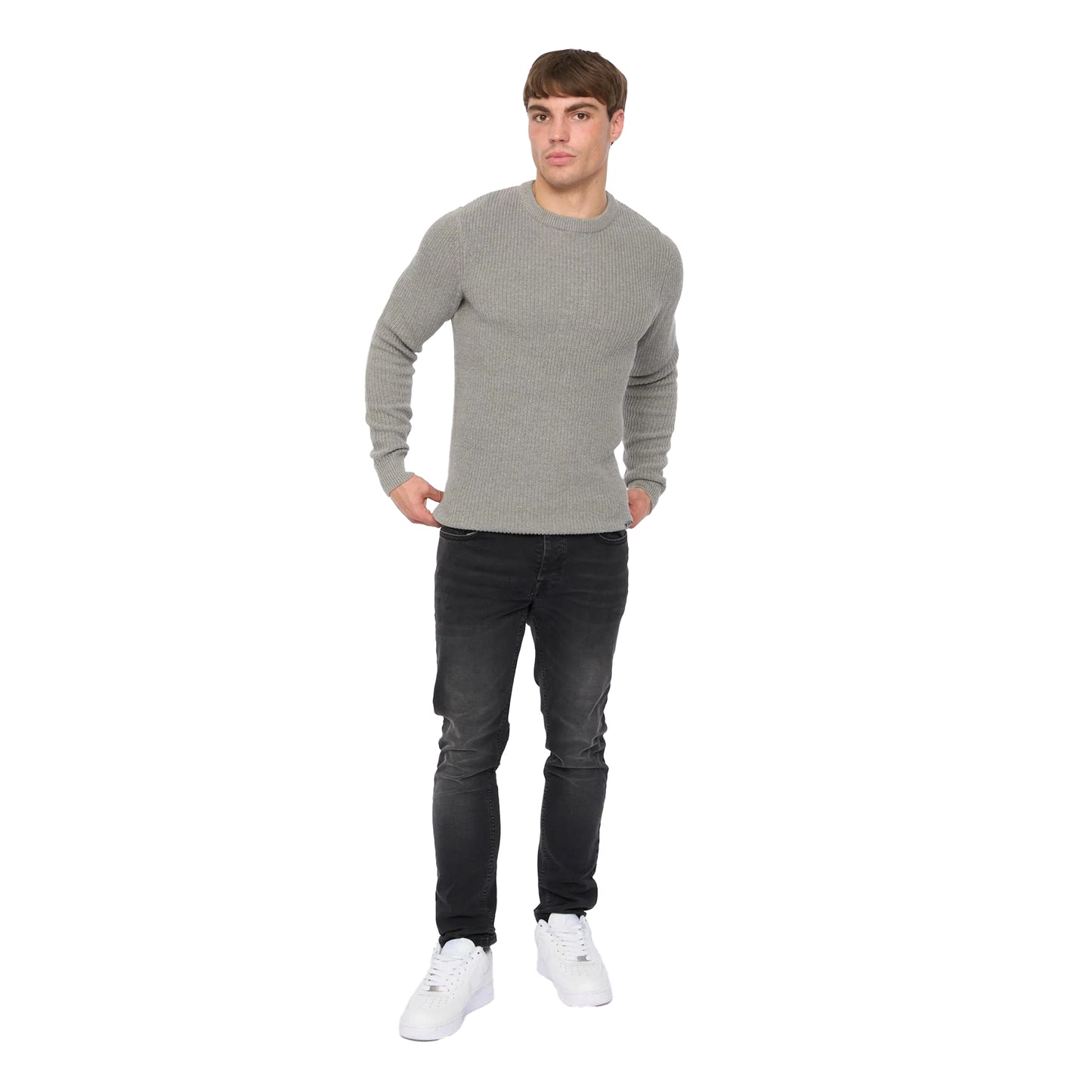 Grey - Side - Crosshatch Mens Jampster Knitted Crew Neck Sweatshirt
