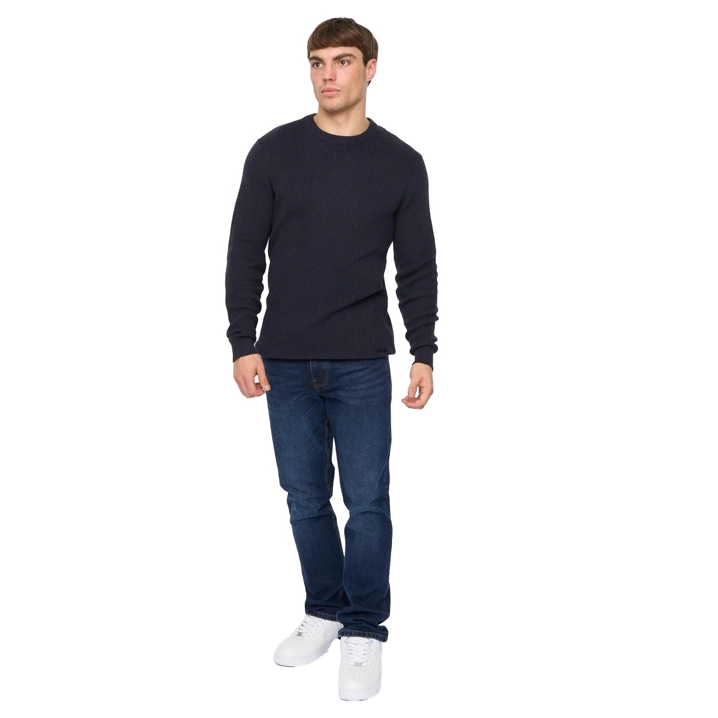 Navy - Side - Crosshatch Mens Jampster Knitted Crew Neck Sweatshirt