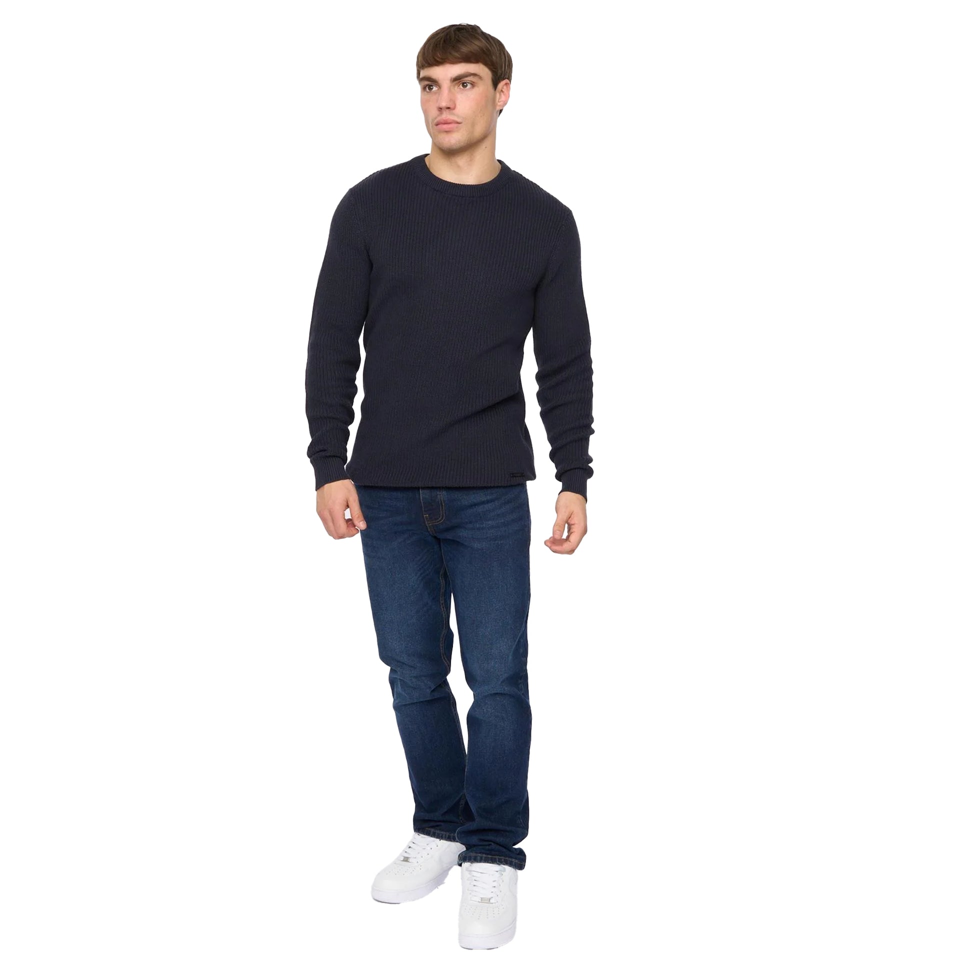 Navy - Side - Crosshatch Mens Jampster Knitted Crew Neck Sweatshirt