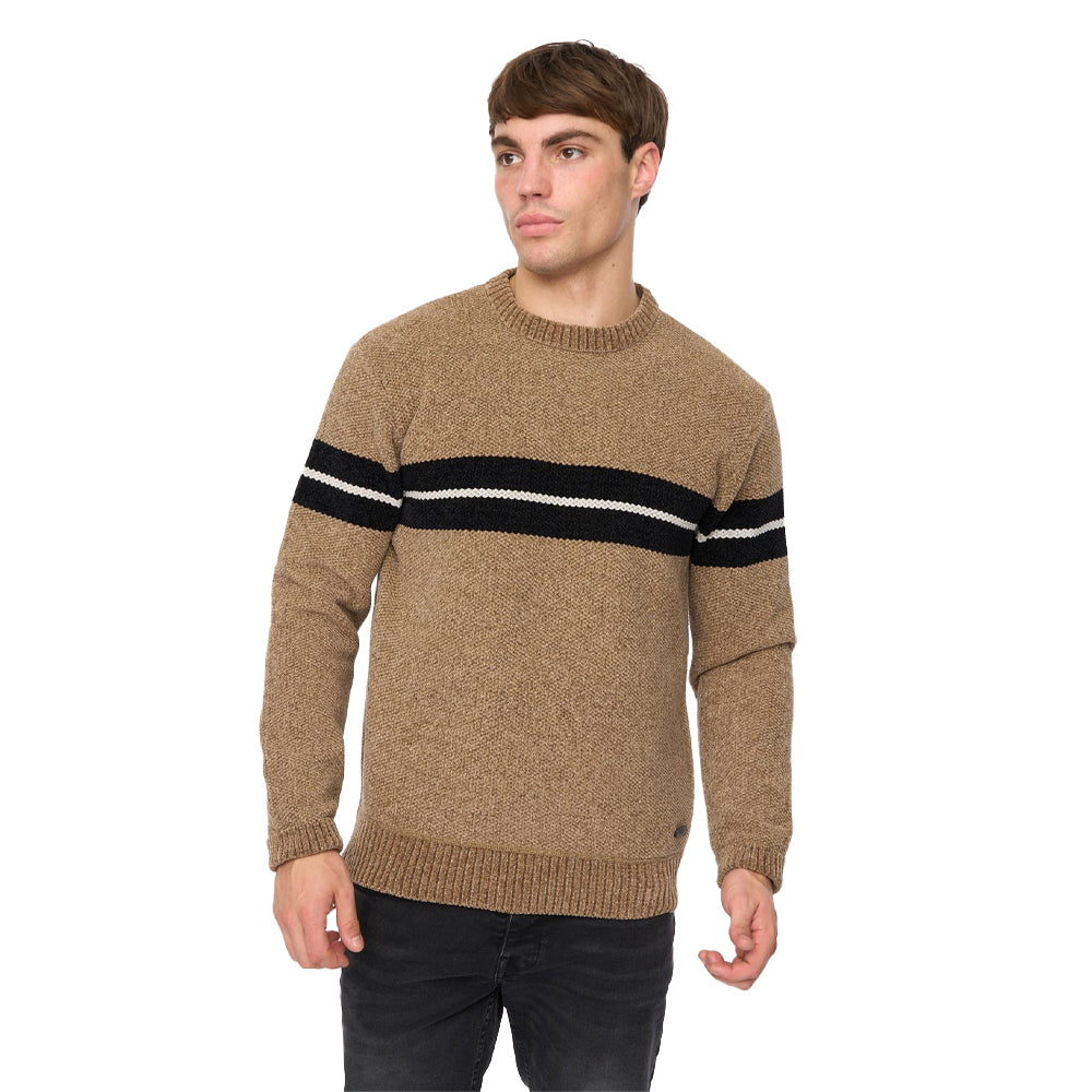 Taupe - Front - Crosshatch Mens Roundall Chenille Knitted Jumper
