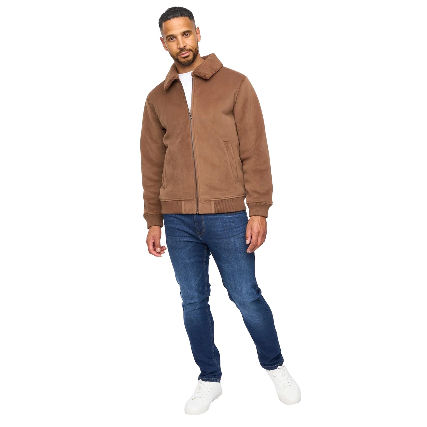 Dark Tan - Side - Bewley & Ritch Mens Lauwin Faux Suede Bomber Jacket