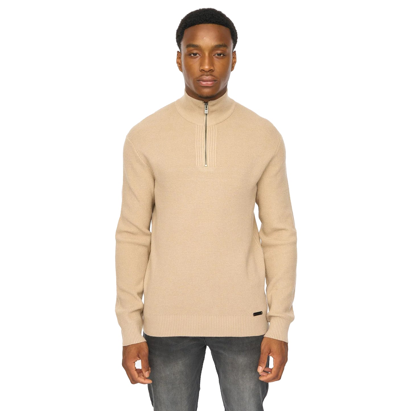 Stone - Front - Duck and Cover Mens Potenza Knitted Quarter Zip Jumper