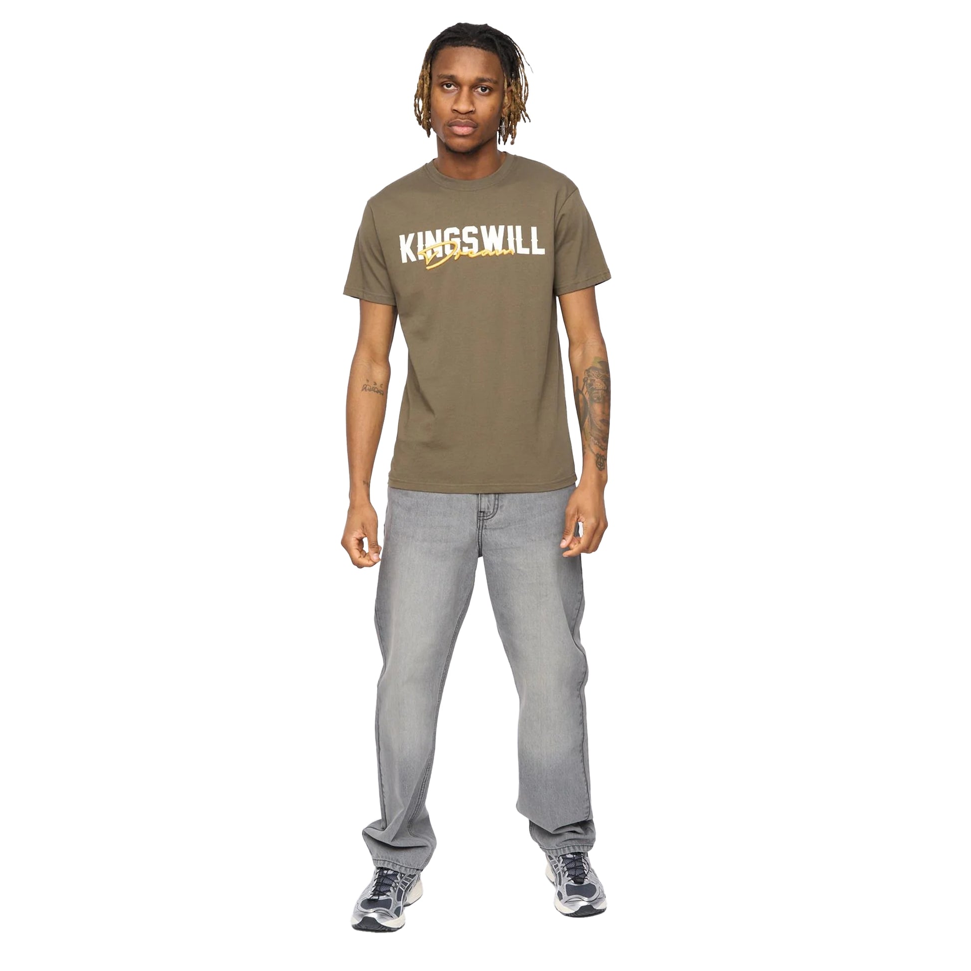Olive - Side - Kings Will Dream Mens Bilkie Embroidered Logo T-Shirt
