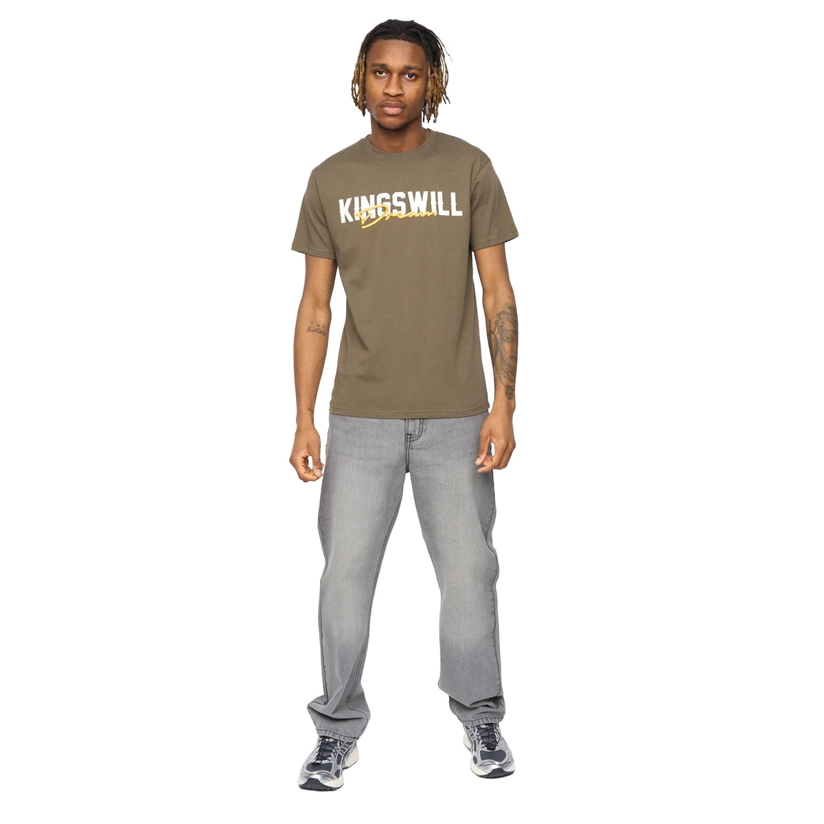 Olive - Side - Kings Will Dream Mens Bilkie Embroidered Logo T-Shirt