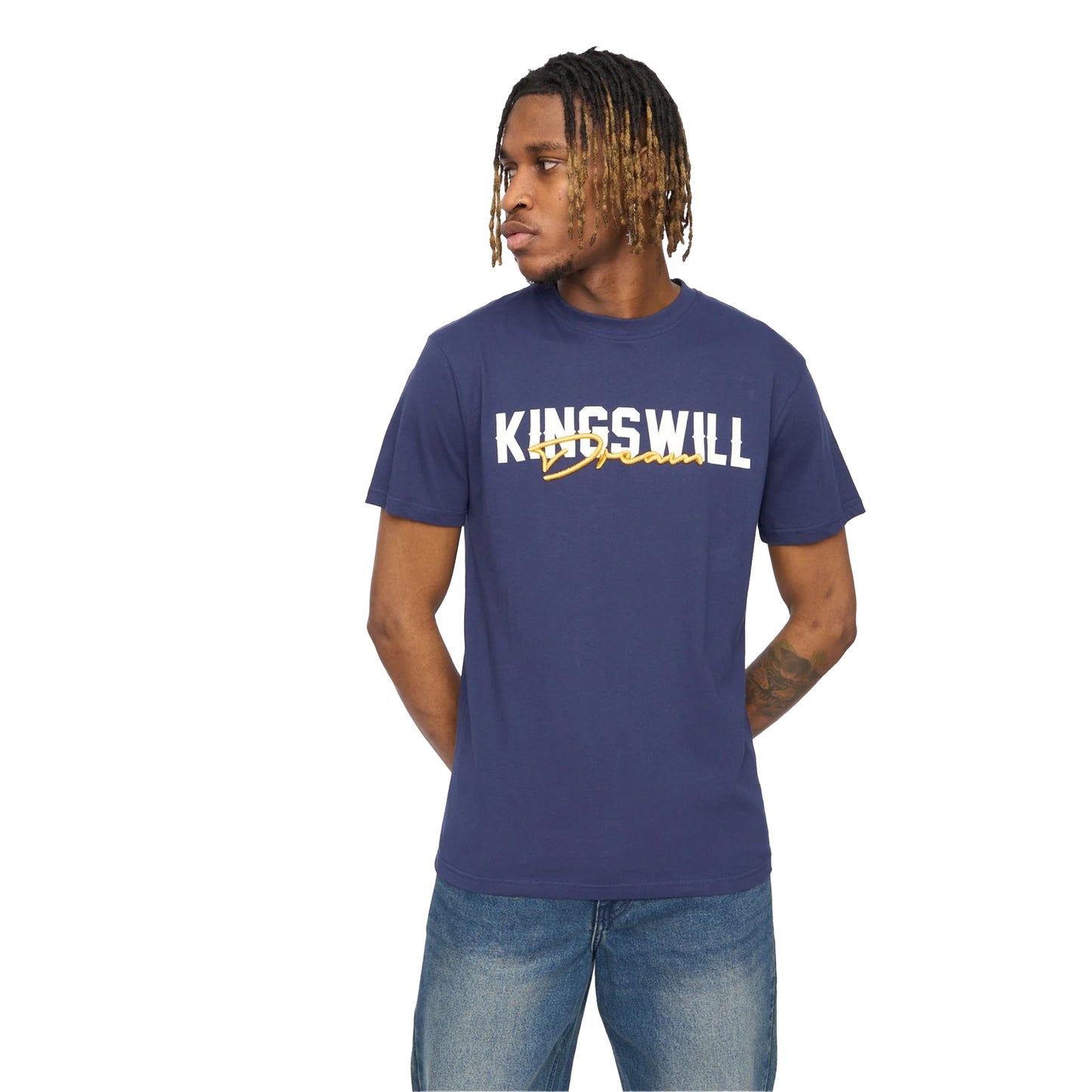 Navy - Side - Kings Will Dream Mens Bilkie Embroidered Logo T-Shirt