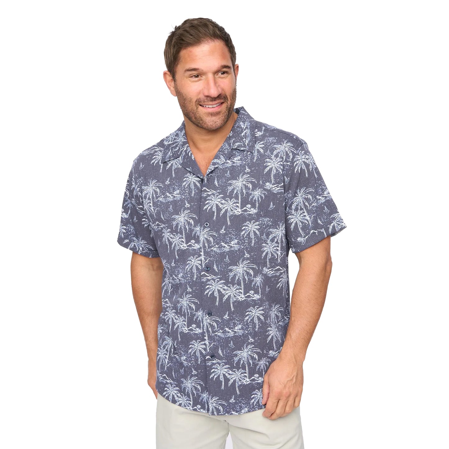 Navy - Front - Bewley & Ritch Mens Arecas Palm Print Polyester Short-Sleeved Shirt
