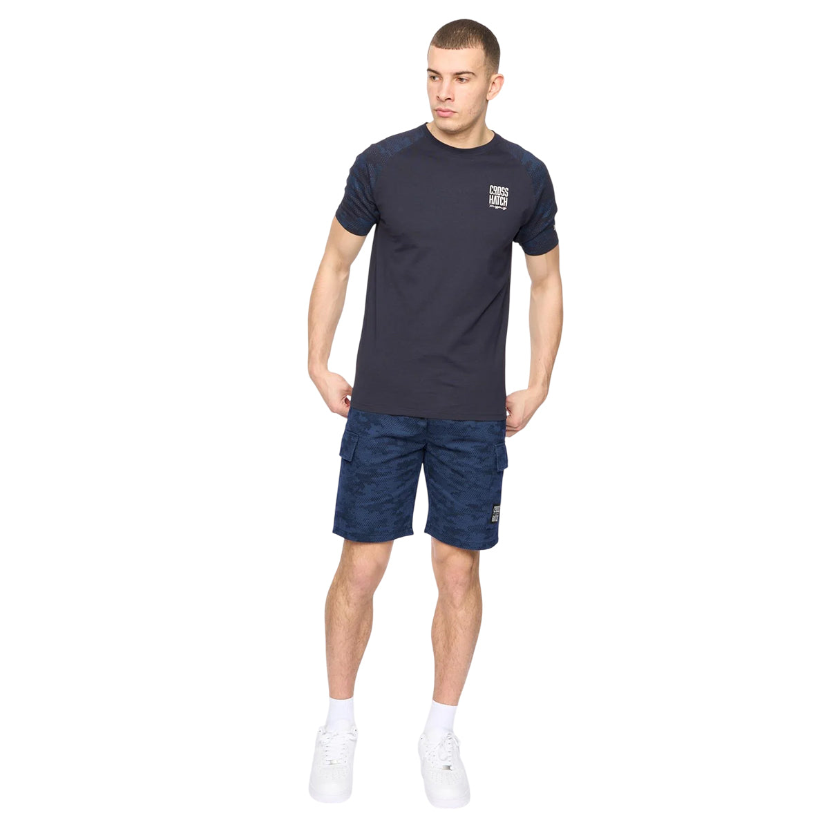 Navy - Side - Crosshatch Mens Janscore Elasticated Waist Cargo Shorts
