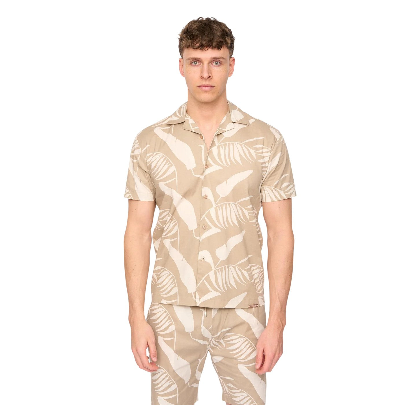Light Stone - Side - Duck and Cover Mens Hopkinton Tropical Leaves Breathable Shirt And Shorts Set