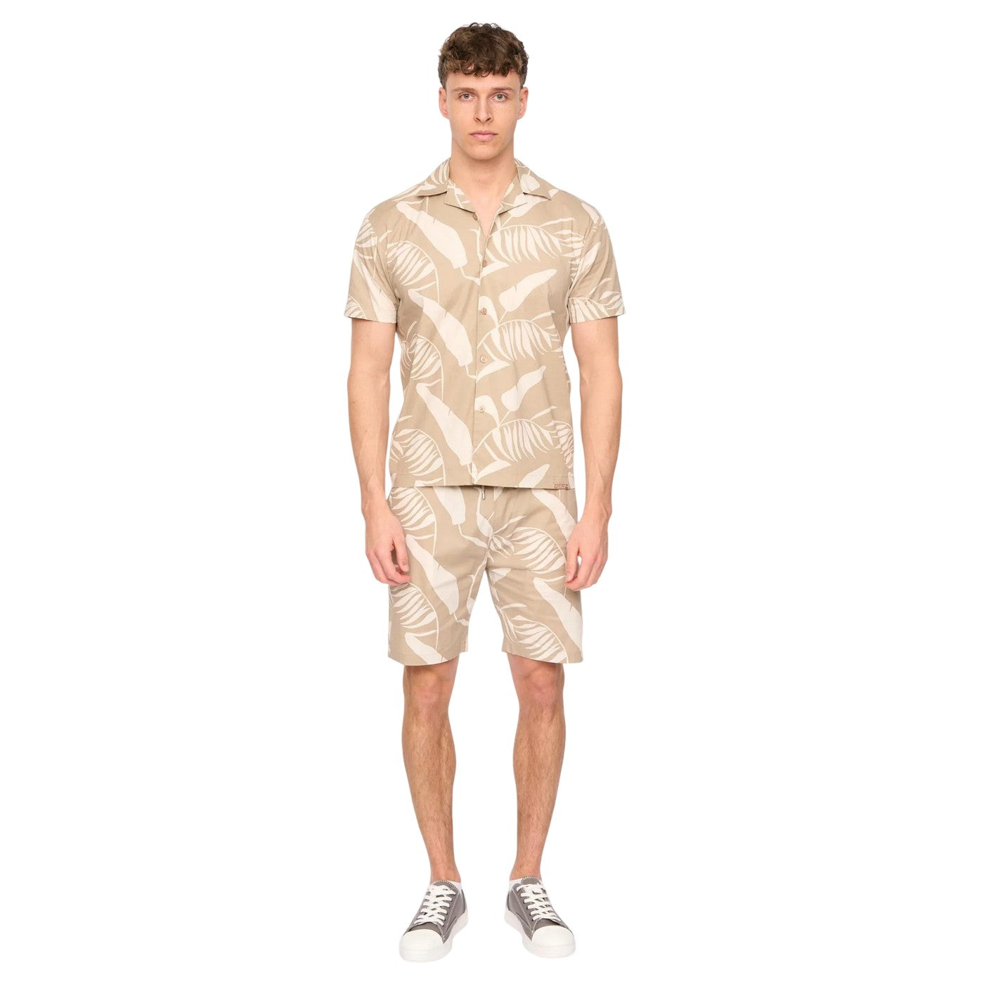 Light Stone - Front - Duck and Cover Mens Hopkinton Tropical Leaves Breathable Shirt And Shorts Set